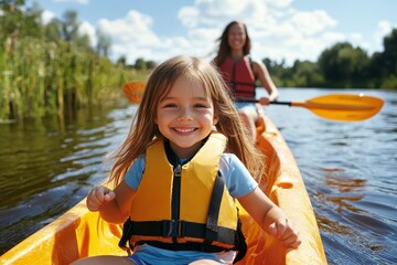 Obraz premium A young girl enjoys kayaking on a serene river while her mother paddles in the background on a sunny day