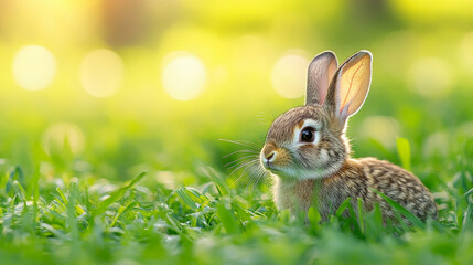 Fototapeta premium Easter is coming! Small cute bunny/hare/rabbit in green young spring grass, symbol of Easter and spring - new life 