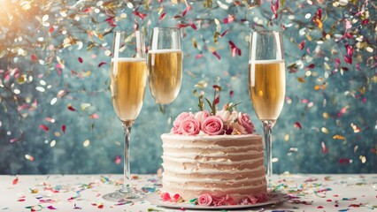glasses of champagne, cake