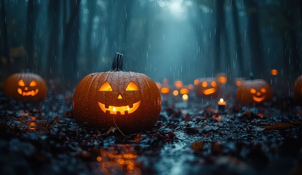 Halloween night background with burning candles and pumpkins in a dark forest. Halloween concept