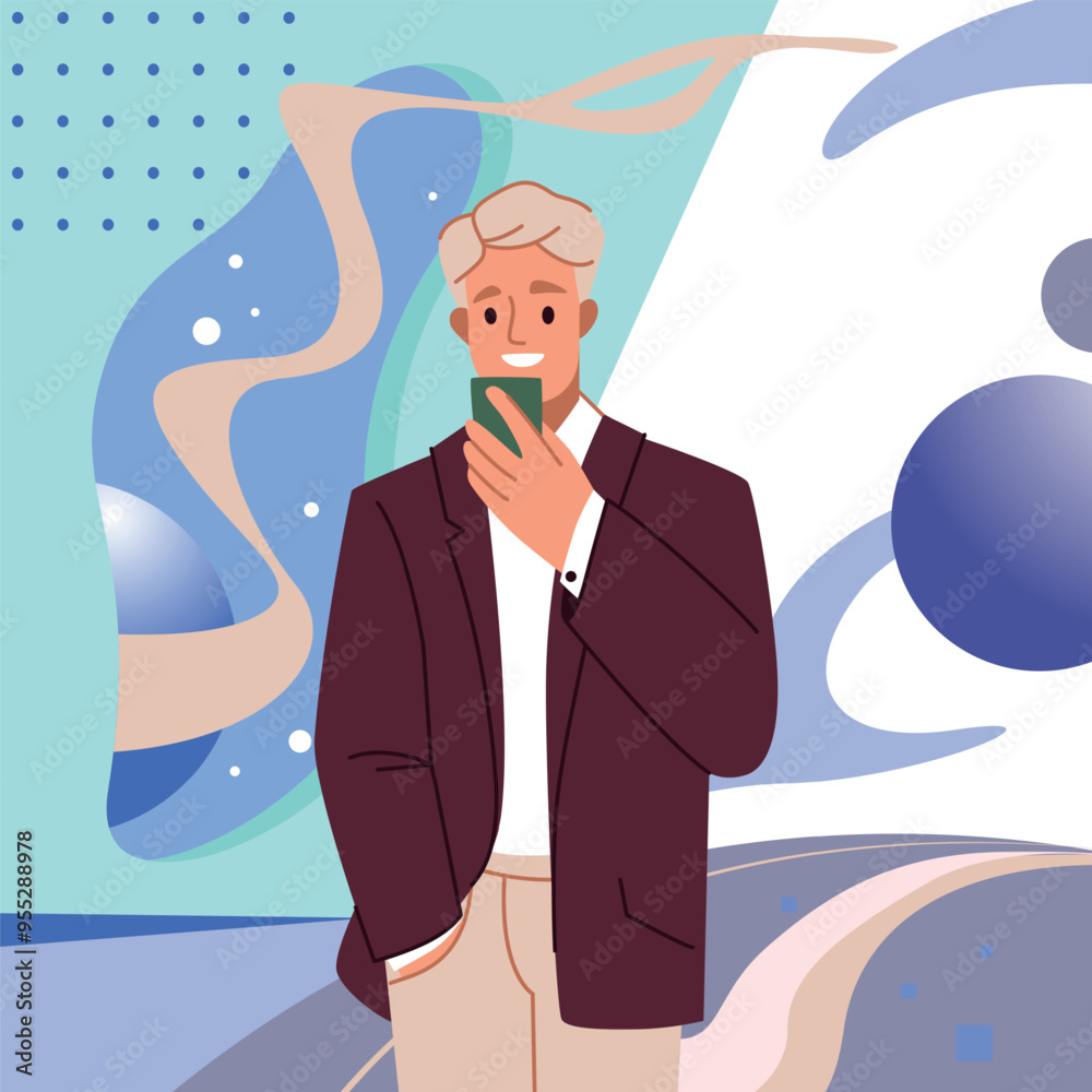 Aufkleber People holding phones. Man using smartphone. Mobile app for chatting and calling. Communication technology. Abstract geometric shapes. Telephone device. Cellphone in hands. Vector concept