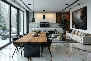 Large modern minimalist elegant living room with a wooden dining table and chairs, white couch and abstract painting on the wall