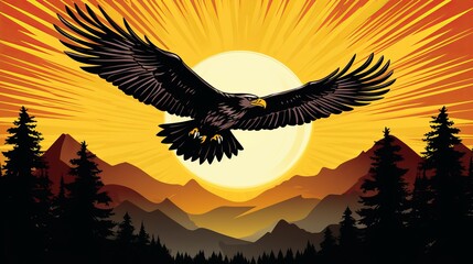 Obraz premium Majestic eagle silhouette displayed against a vibrant sunset over a breathtaking mountain range