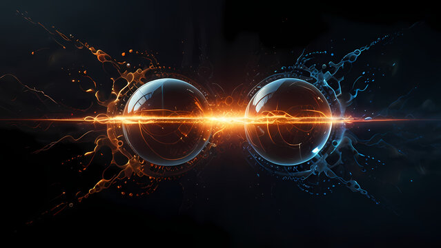 A futuristic abstract scene where negative and positive ions are visualized as floating orbs surrounded by energy waves, with a dark background highlighting the contrast between opposing forces