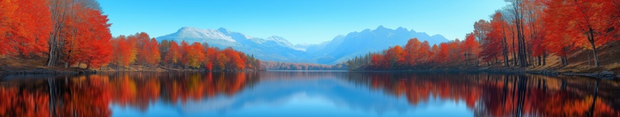 Naklejka premium Autumn Lake with Bright Trees and Mountain View