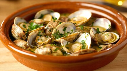Fototapeta premium A dish of almejas a la marinera, clams in a white wine sauce, garnished with fresh parsley and served in a ceramic bowl