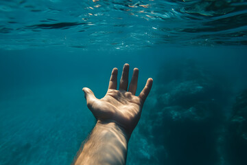 A diver’s hand reaching out towards a blank, empty sea.


