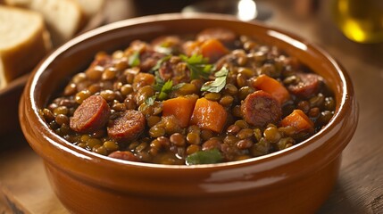 A dish of lentejas con chorizo, lentil stew with chorizo and vegetables, served in a deep ceramic bowl