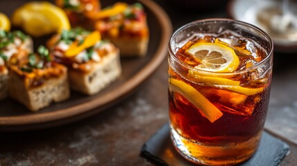 A glass of refreshing tinto de verano with lemon slices, served alongside a plate of tapas