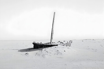 A minimal scene of a sunken, broken mast sticking out of the sand.


