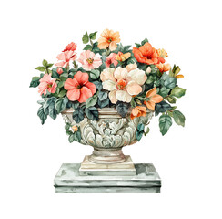 Obraz premium Garden decorative sculpture with flowers, watercolor clipart illustration with isolated background.