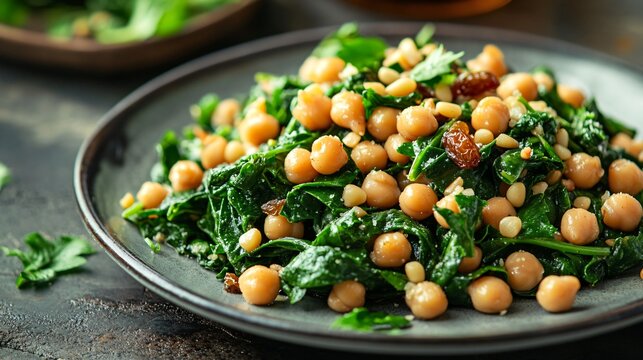A plate of espinacas con garbanzos, spinach with chickpeas, garnished with pine nuts and raisins