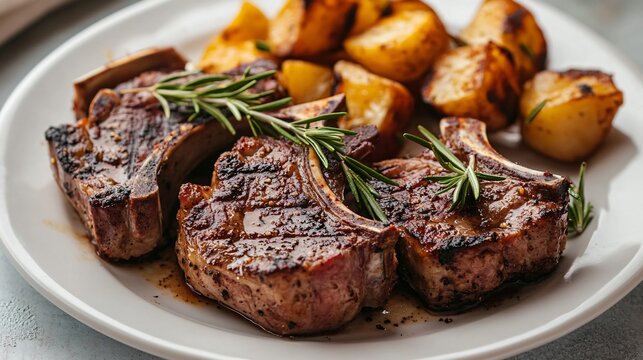A plate of grilled chuletillas de cordero (lamb chops), garnished with rosemary and served with a side of roasted potatoes