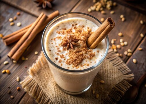 Cozy spiced latte topped with cinnamon and cream.