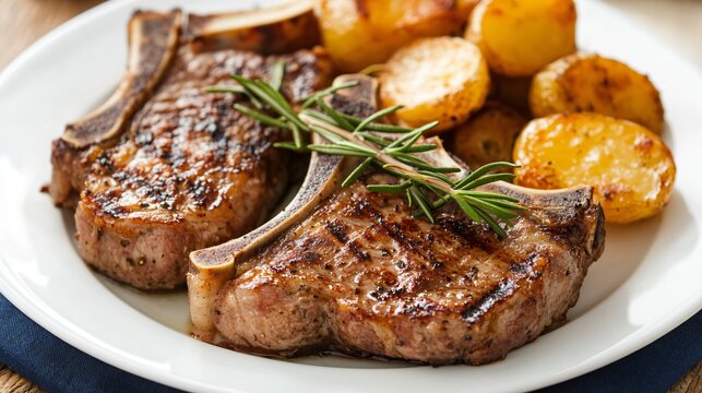 A plate of grilled chuletillas de cordero (lamb chops), garnished with rosemary and served with a side of roasted potatoes
