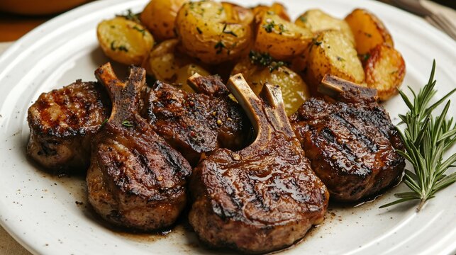 A plate of grilled chuletillas de cordero (lamb chops), garnished with rosemary and served with a side of roasted potatoes