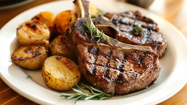 A plate of grilled chuletillas de cordero (lamb chops), garnished with rosemary and served with a side of roasted potatoes