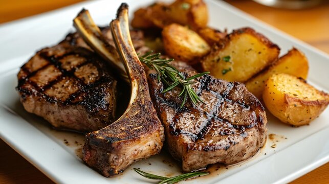A plate of grilled chuletillas de cordero (lamb chops), garnished with rosemary and served with a side of roasted potatoes