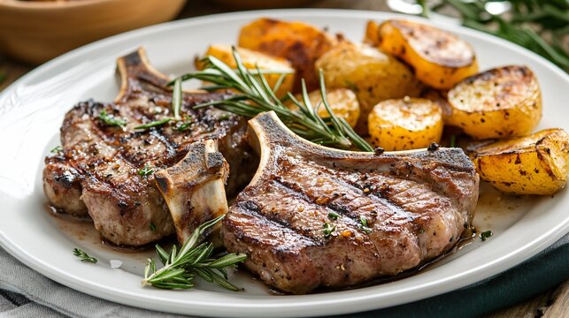 A plate of grilled chuletillas de cordero (lamb chops), garnished with rosemary and served with a side of roasted potatoes