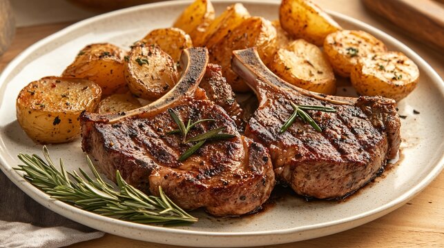 A plate of grilled chuletillas de cordero (lamb chops), garnished with rosemary and served with a side of roasted potatoes