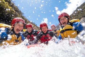 Thrilling white-water rafting adventure with a group of friends in bright gear under a clear sky on a sunny day