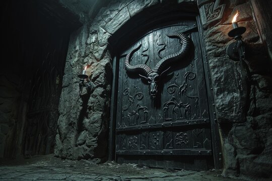 Gates of hell, eerie gothic gates adorned with demonic sculptures in misty dark place