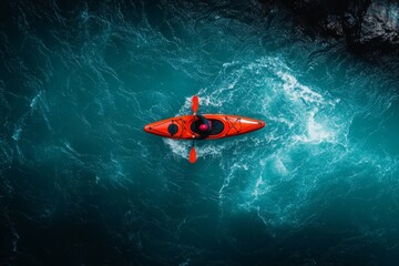 Fototapeta premium A solitary kayaker navigates vibrant turquoise waters surrounded by rocky shores on a sunny day