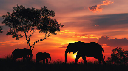 Fototapeta premium Elephants silhouette at sunset 