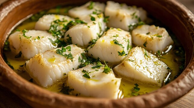 A serving of bacalao al pil pil, salt cod in a garlic and olive oil emulsion, served in a clay dish