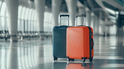 Two stylish suitcases standing in empty airport hall, unrecognizable traveller's luggage waiting in terminal, creative banner for air travels or vacation trip, panorama with copy space