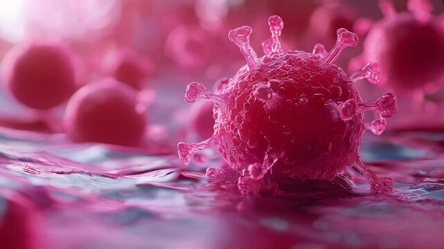 A highly detailed, 3D-rendered close-up of a virus, with glowing cells and intricate textures, representing a scientific concept or medical imagery