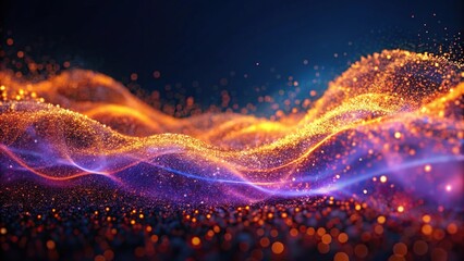 Abstract waves of glowing orange and purple particles against dark blue background