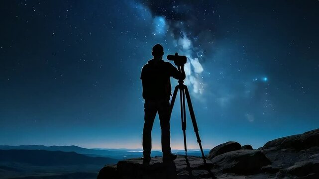 Silhouette of a photographer capturing the night sky with a camera on a tripod