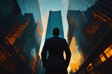 Business man standing with his back turned wearing a suit looking at skyscrapers. Business success and envisioning future business growth concept.

