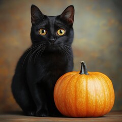 Black Cat with a Pumpkin in a Spooky Setting