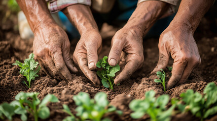 hardworking hands of farmers planting seeds or harvesting crops with close-up shots of the soil, crops, and the determination on their faces, emphasizing the importance of agriculture