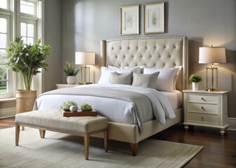 Soften the bed with a neutral-upholstered headboard and footboard, pairing it with crisp white linens for a calming