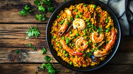 A vibrant plate of paella with saffron-infused rice, seafood, and green peas, served in a traditional paella pan on a rustic wooden table