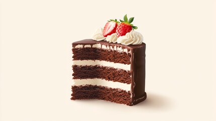 A vector illustration of a chocolate cake with a slice cut out, revealing layers of cream and cake, with a strawberry on top