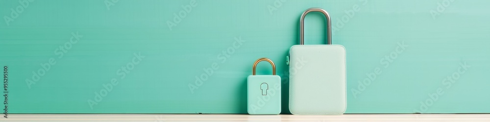 Aufkleber Flat Lay of Tablet with Lock Icon on Screen, Representing Data Safety and Security in a Minimalist Setting - Turquoise Background