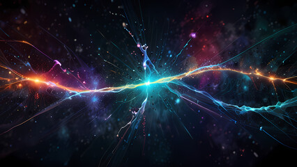 An abstract digital illustration representing positive and negative ions in a cosmic field, with vibrant electric arcs and glowing particles, creating a sense of energy flow and balance