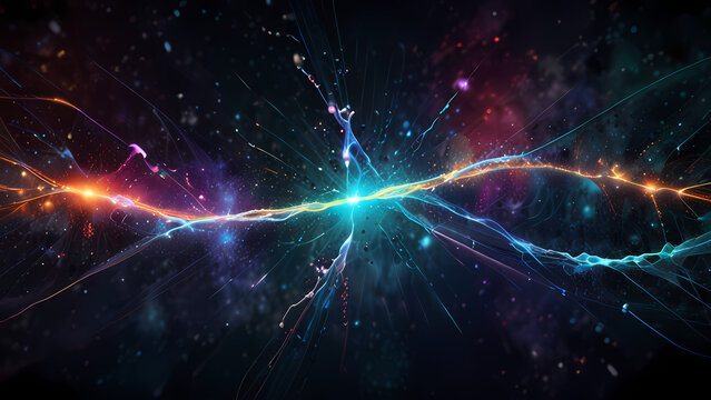 An abstract digital illustration representing positive and negative ions in a cosmic field, with vibrant electric arcs and glowing particles, creating a sense of energy flow and balance