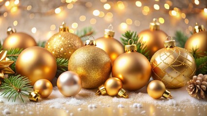 Luxurious Christmas Decoration with Gold Ornaments and Bokeh Lights for Festive Celebration