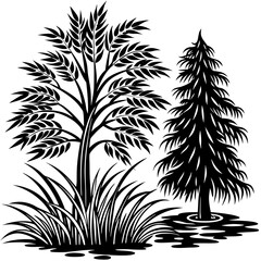 Minimalist Vector Art Pine Tree, Willow Tree, and Flowing Grass