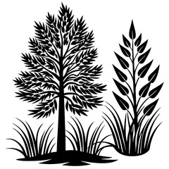 Obraz premium Minimalist Vector Art Pine Tree, Willow Tree, and Flowing Grass