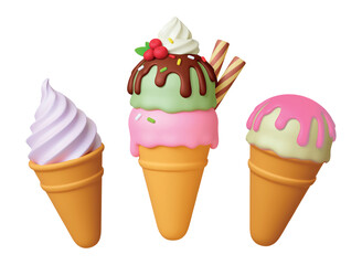 Ice cream cones 3d. Sweet ice cream with topping and berries. Creamy dessert, waffle rolls, liquid chocolate syrup. Tasty fast food, realistic vector set