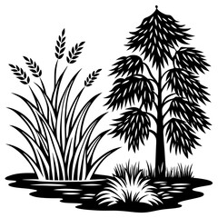 Minimalist Vector Art Pine Tree, Willow Tree, and Flowing Grass