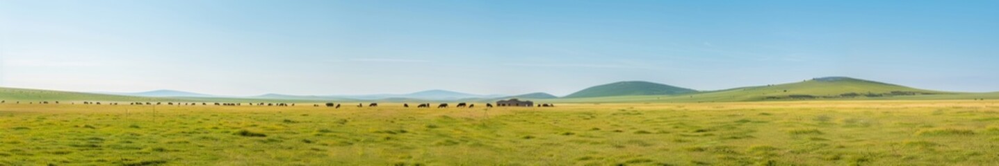 Obraz premium Serene Countryside Scene Panoramic View of Family on Rolling Hills with Farmhouse and Livestock Grazing Under Clear Blue Sky