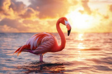 Naklejka premium Pink Flamingo Standing in the Ocean at Sunset