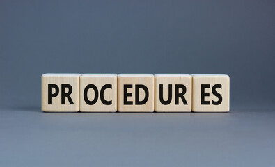 Procedures symbol. Concept word Procedures on beautiful wooden blocks. Beautiful grey background. Business procedures concept. Copy space.